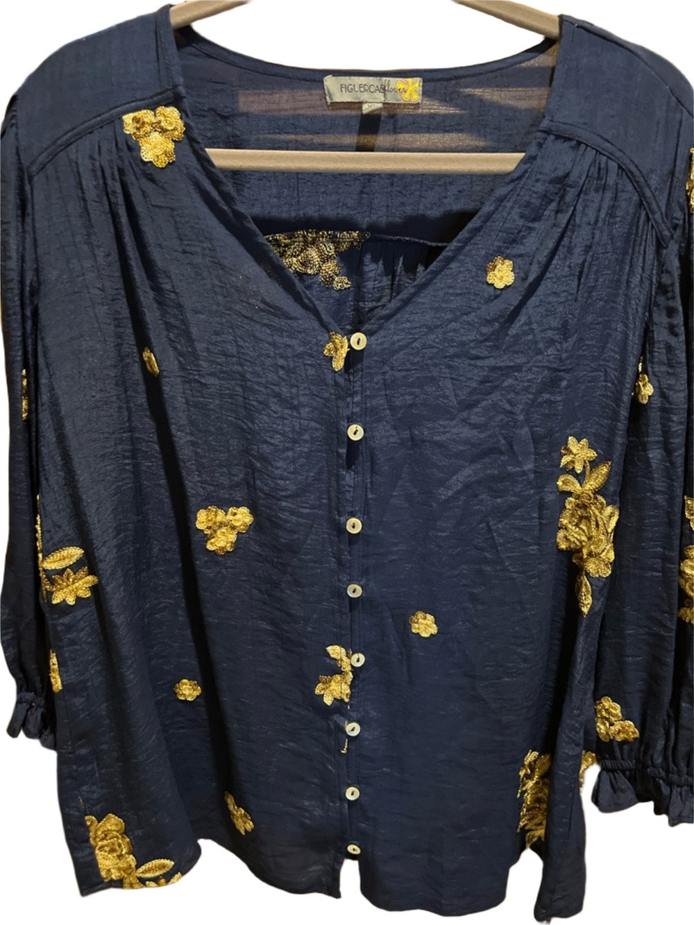 Figueroa and Flower Navy Button-Front Blouse with Gold Floral Embroidery